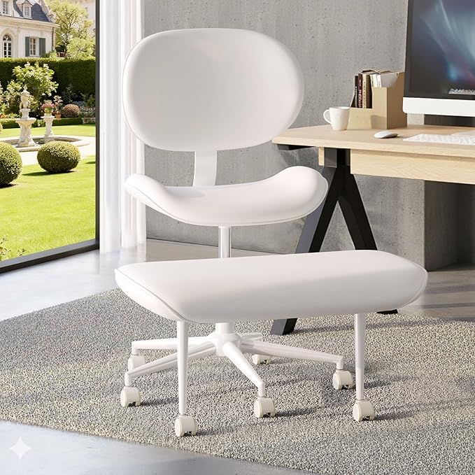 Cross Legged Office Chair with Wheels for ADHD, Ergonomic 360° Swivel Height-Adjustable Meditation Chair for Yoga, Wide Kneeling Chair with Strong Lumbar Support, PU Leather, Off White