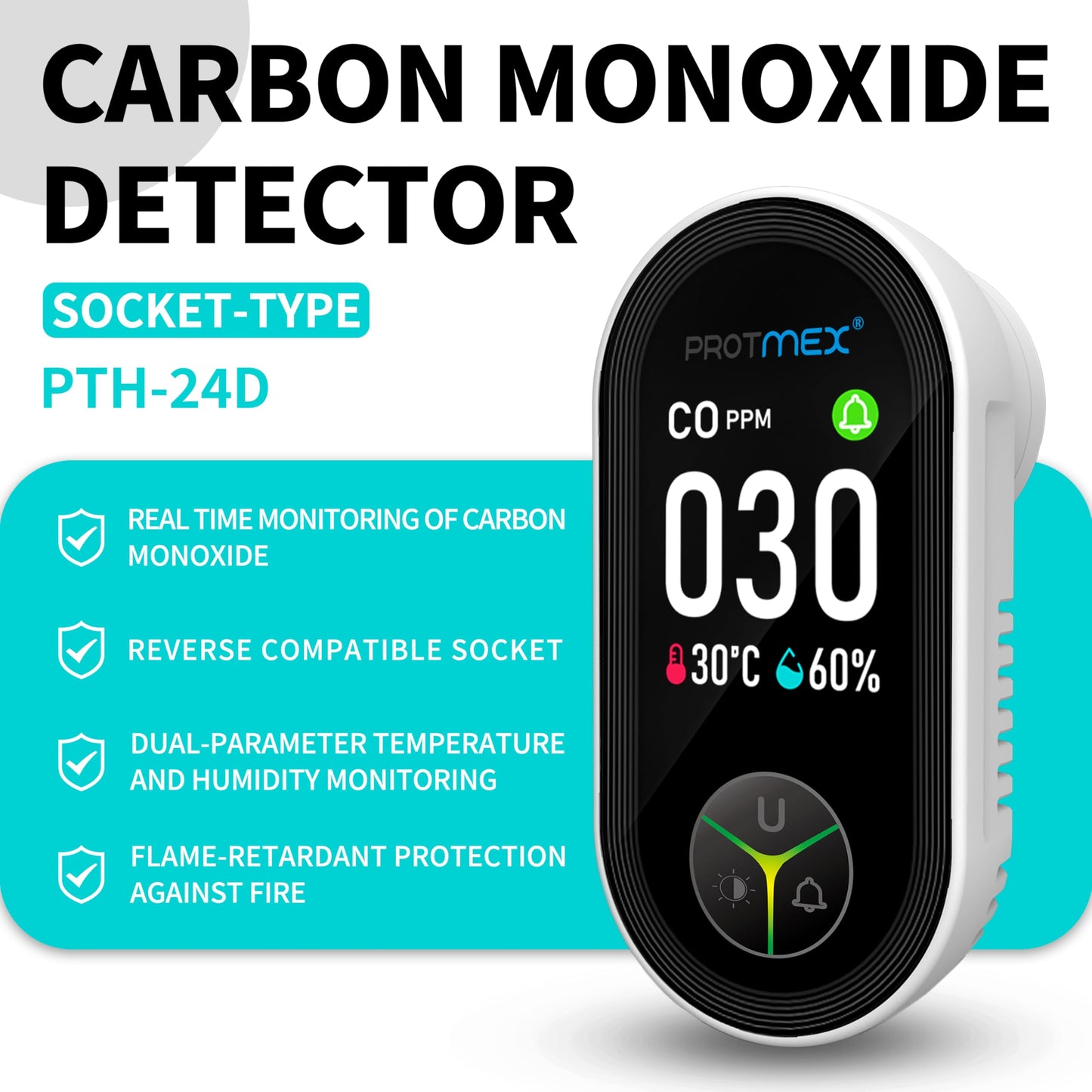 Protmex Carbon Monoxide Detector Plug in Wall, 3-in-1 Co Detector Monitor Air Quality with Temperature Humidity Sensor, Portable CO Meter Easy to Read & Install, for Home/Hotel/RV