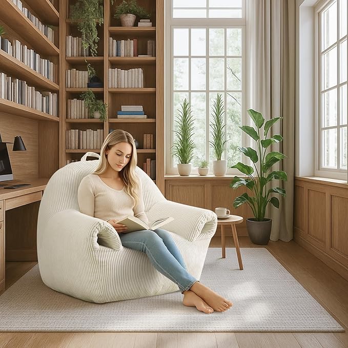 Peace nest Bean Bag Chair with Memory Foam Filled Ultra Soft Corduroy Cover for Adults Comfy Fur Bean Bag Chairs with Armrests for Bedroom Living Room Office Dorm Reading Beige