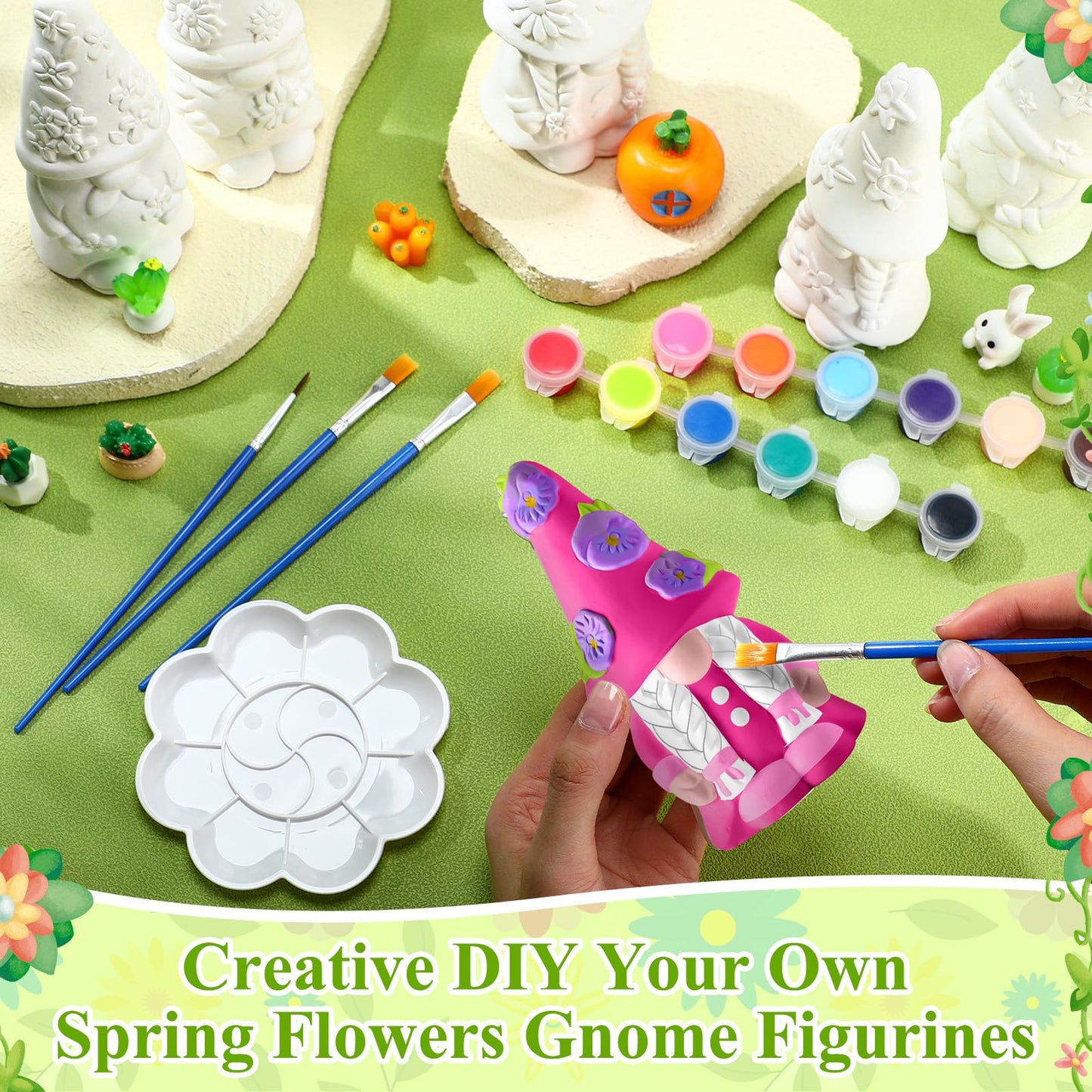 Arrowbash 6 Pcs Spring Ceramics to Paint Ready to Paint Your Own Gnome Statues 5.12 Floral Theme Paintable Figurines DIY Unpainted Sunflowers Ceramics Plaster Crafts Kit with Brush Palette Paint