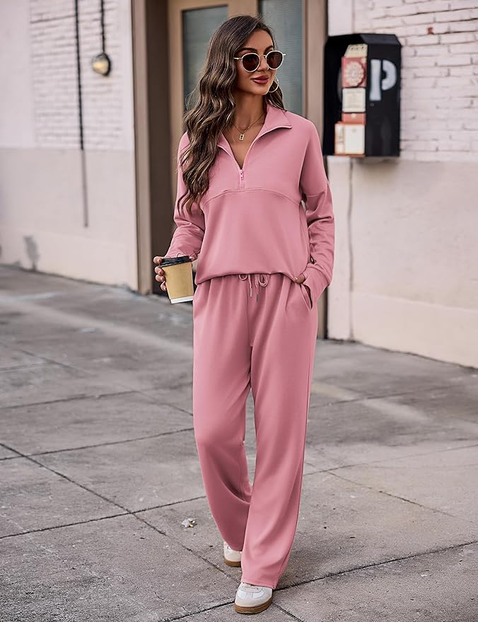 Totatuit Womens Sweatsuits 2 piece Set Lapel Half Zip Lightweight Sweatshirts and Wide Leg Pants Tracksuit Lounge Sets