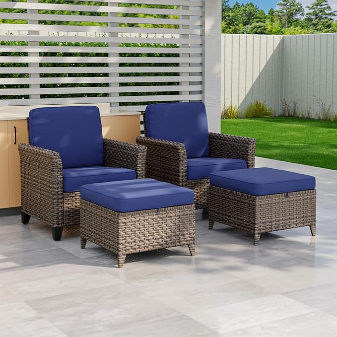 COOS BAY Harbor Retreat 4 Piece Outdoor Furniture Set, Patio Conversation Set with Patio Chairs and Ottomans, Wicker Furniture, Brown/Blue