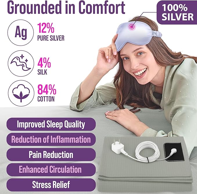 Earth Grounding Sheets Twin XL Size with 12% Silver Fiber & 4% Silk & 84% Organic Cotton - Green - Grounded Well Bed Sheet - Conductive Fitted Sheet for Better Sleep