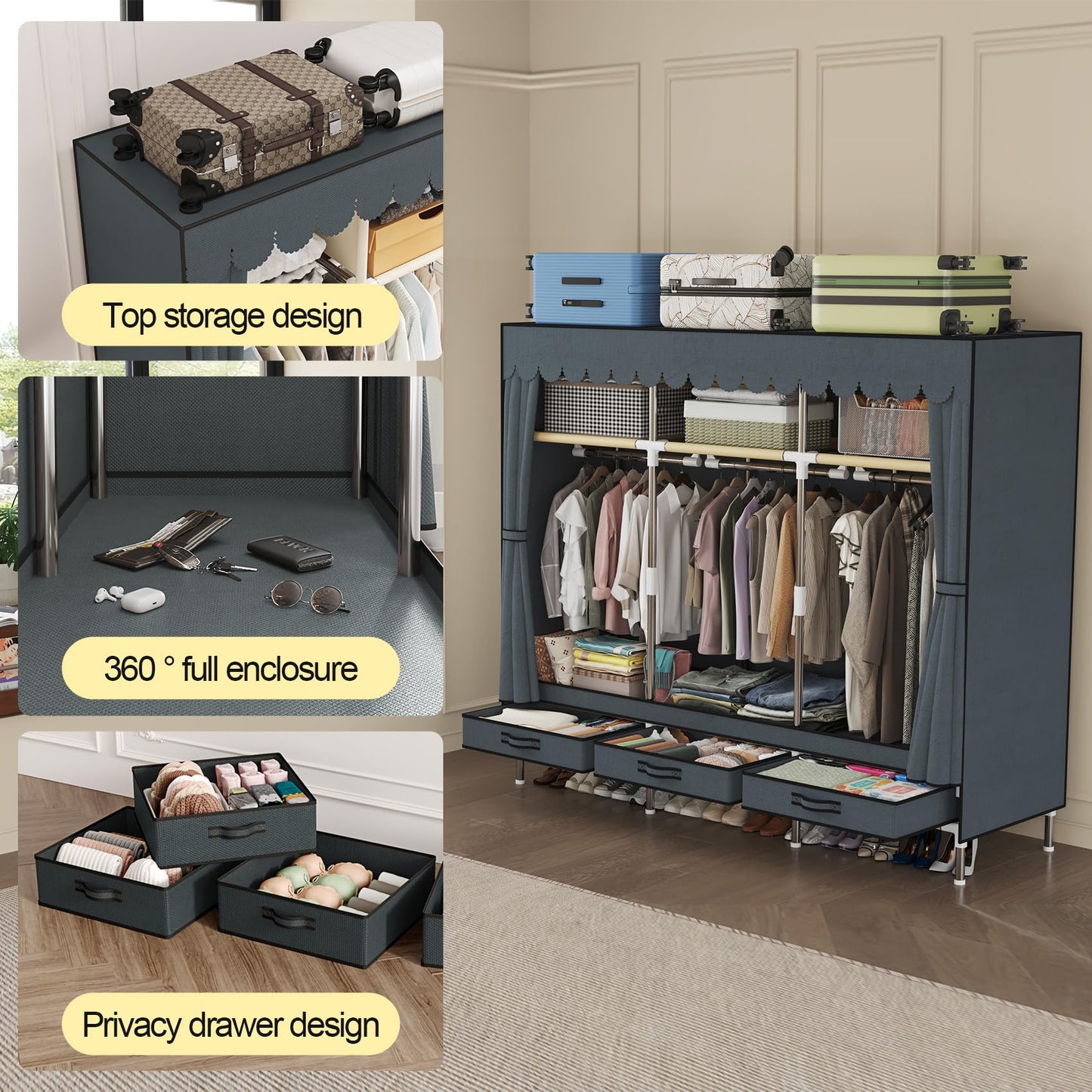 LEAIJIAFY Portable Wardrobe, Freestanding Closet Hanging Organization, Metal Frame with Gray Fabric Cover, 3 Storage Compartments, 3 Hanging Rods, 3 Drawers.