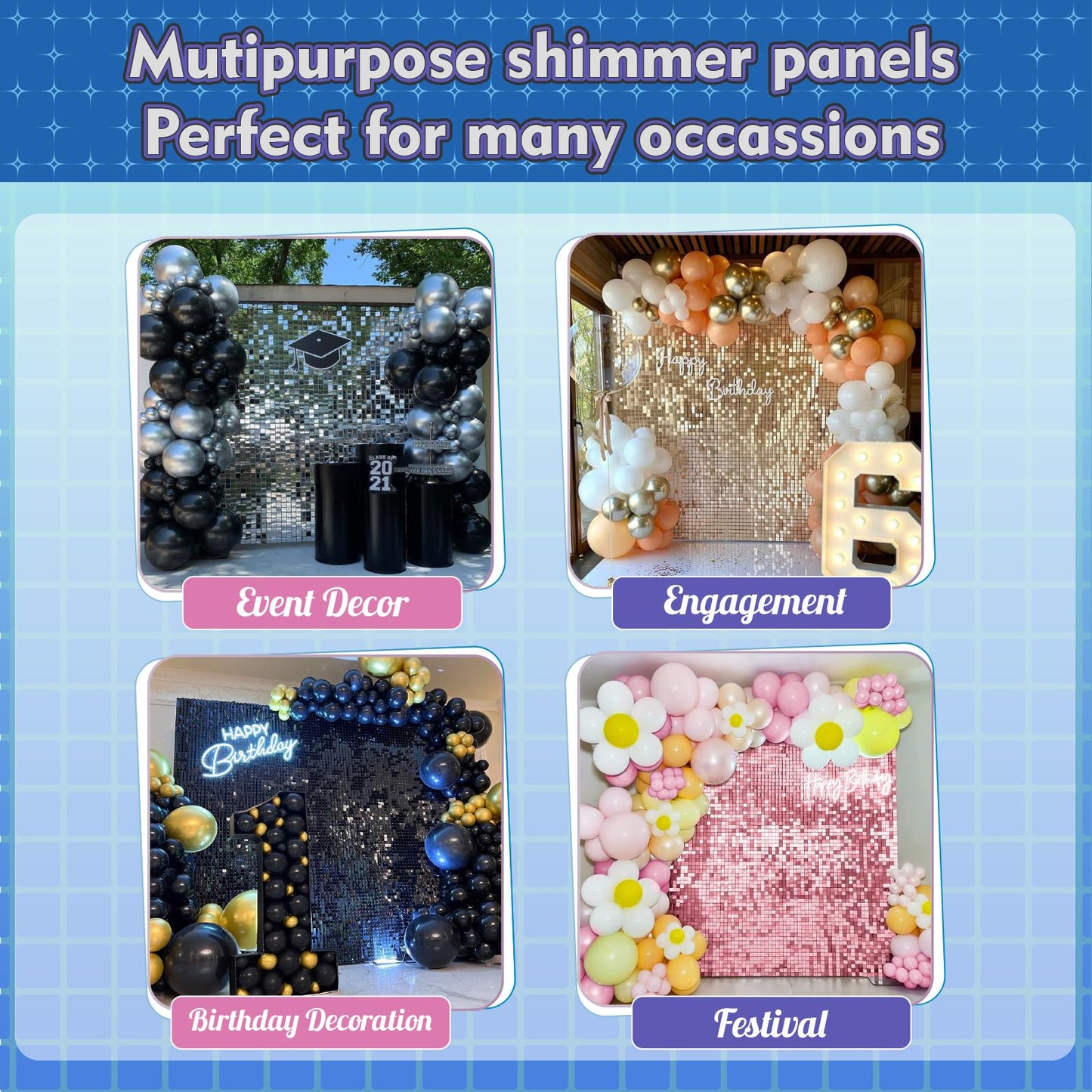 Qcity Light Gold Shimmer Wall Backdrop 48PCS, Black Back Not See-Through Design, Square Sequin Glitter Backdrop Panel, Perfect for Outdoor Events, Birthdays, Wedding and Party Decoration