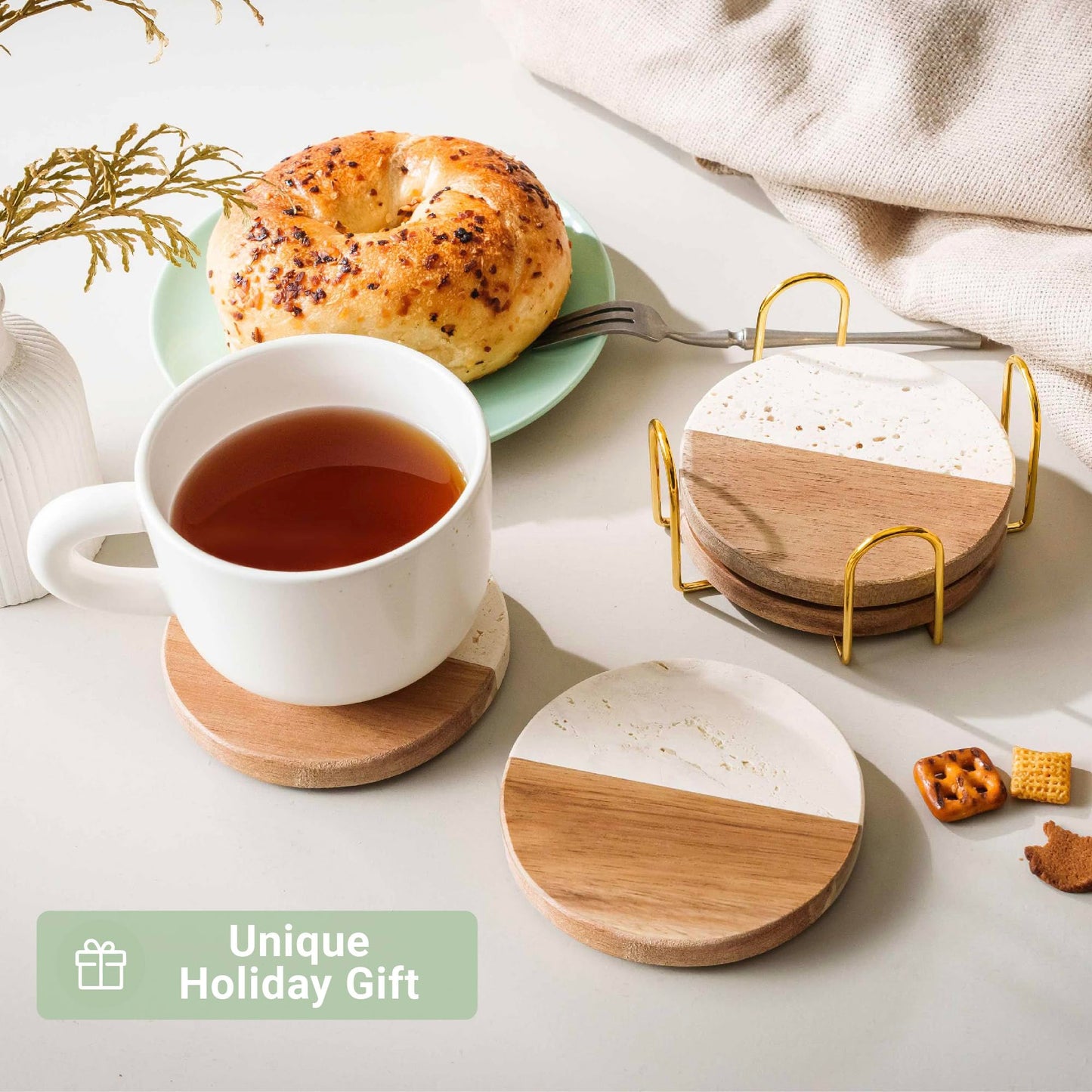 Custom Vibes Luxury Marble and Wood Coasters, Set of 4 with Gold Stand, Unique Décor Gift for Weddings, Engagements, and Anniversaries (Sea Spray)