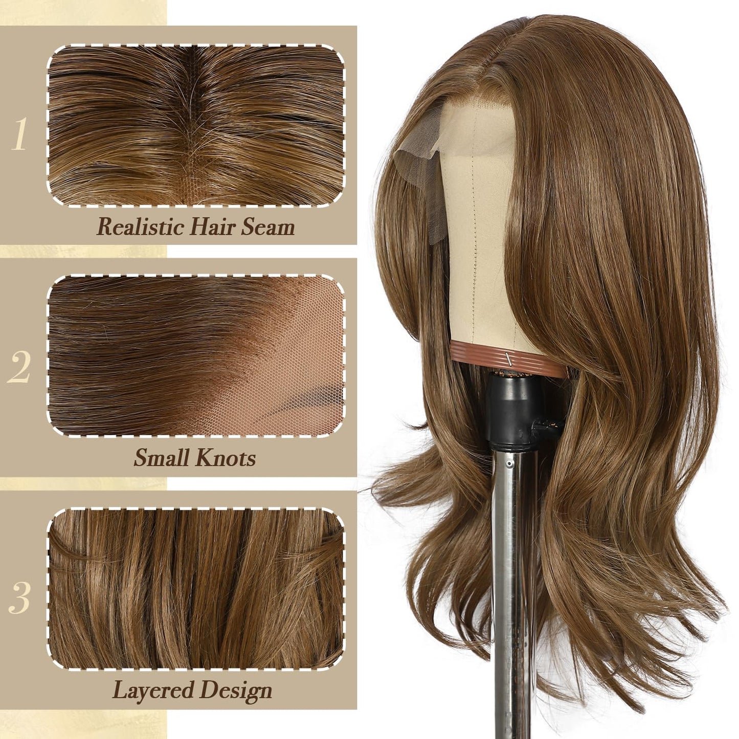 BABEHERS Brown Synthetic Lace Front Wig, 13x4 Straight Highlight Layered Wigs for Women Pre-plucked Natural Hairline Heat Resist