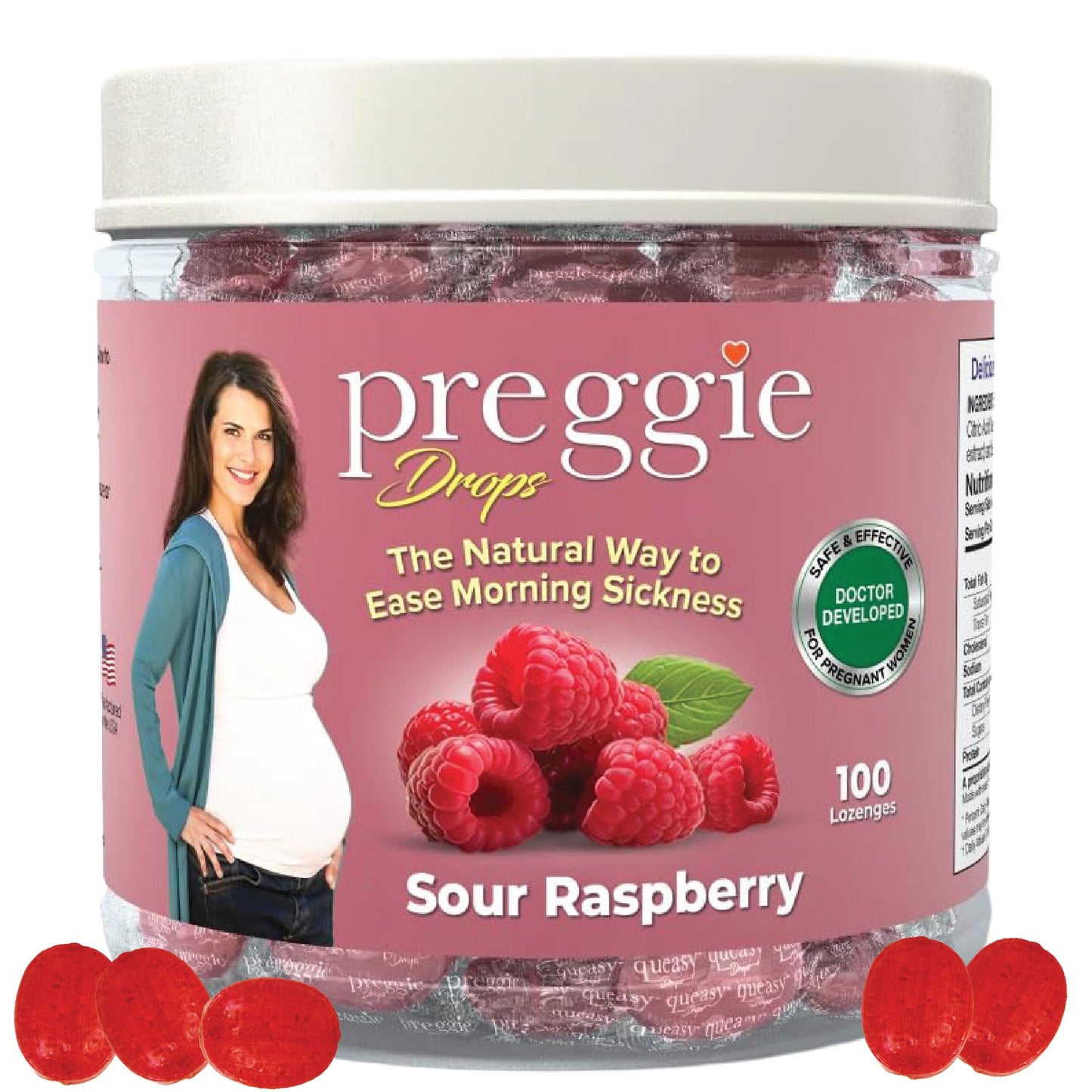 Preggie Pop Drops Plus with Vitamin B6 for Pregnancy Nausea Relief, Morning Sickness Candy with Essential Oils for Pregnant Women – Sour Raspberry, 100 Count