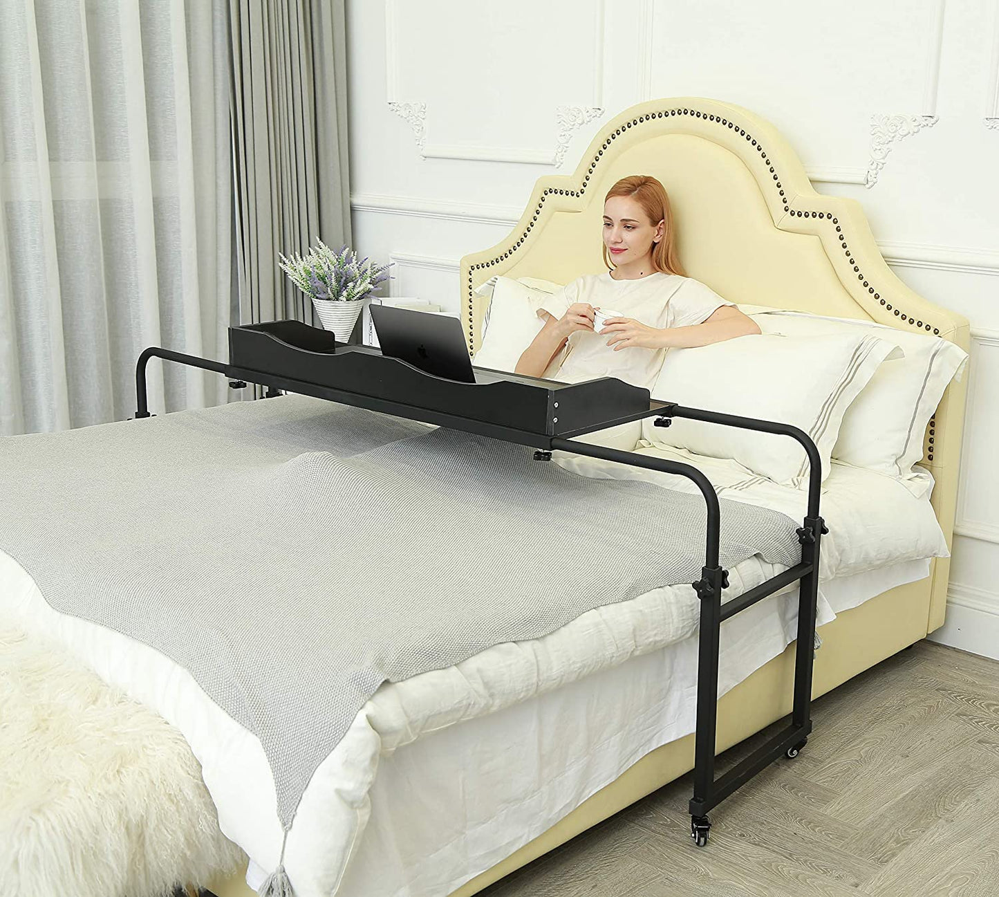 UNICOO® Adjustable Overbed Table, Over The Bed Table with Wheels, Medical Overbed Table with Wheels Adjustable Height, Rolling Desk for Full/Queen/King Bed, Sturdy Wood & Steel Frame (202-Black)