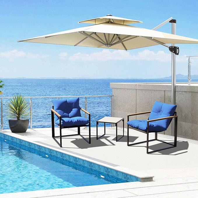 Ophelian 3-Piece Bistro Indoor Patio Set, Textilene Outdoor Patio Furniture,2 Single Chair with Integrated Seat Cushion and 1 Glass Coffee Table,Black/Blue
