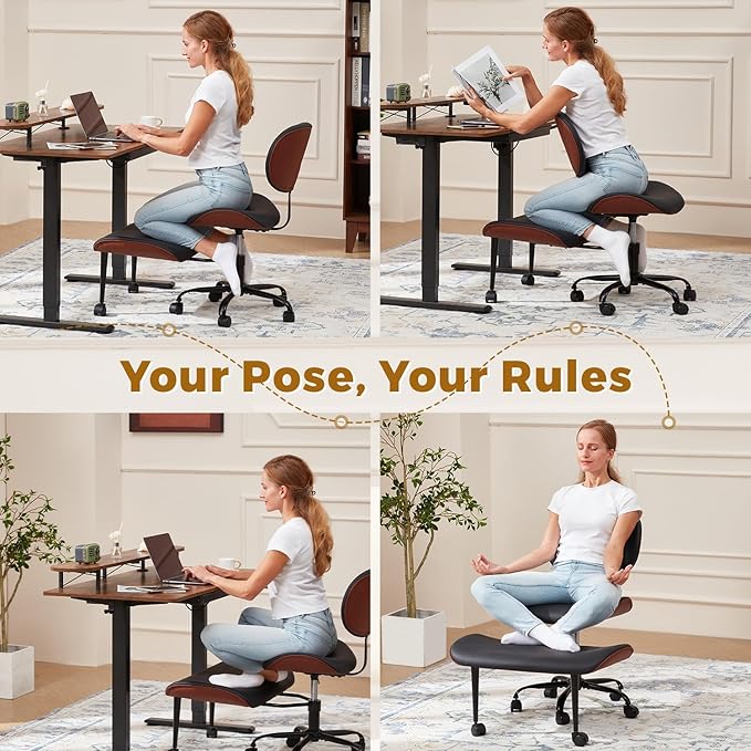 EROMMY Criss Cross Chair with Wheels Retractable footrest, Wide and Thickened ADHD Chair, Ergonomic Cross Legged Kneeling Desk Chairs for Meditation Yoga, Black & Brown