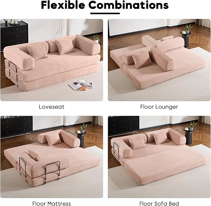 ZEIINPA Convertible Folding Couch Bed, Comfy Corduroy Sleeper Floor Sofa Bed with Fixed-Shape Frame, Floor Sofa with Armrest, Lounge Couch for Living Room Bedroom Lounge Studio,Pale Pink