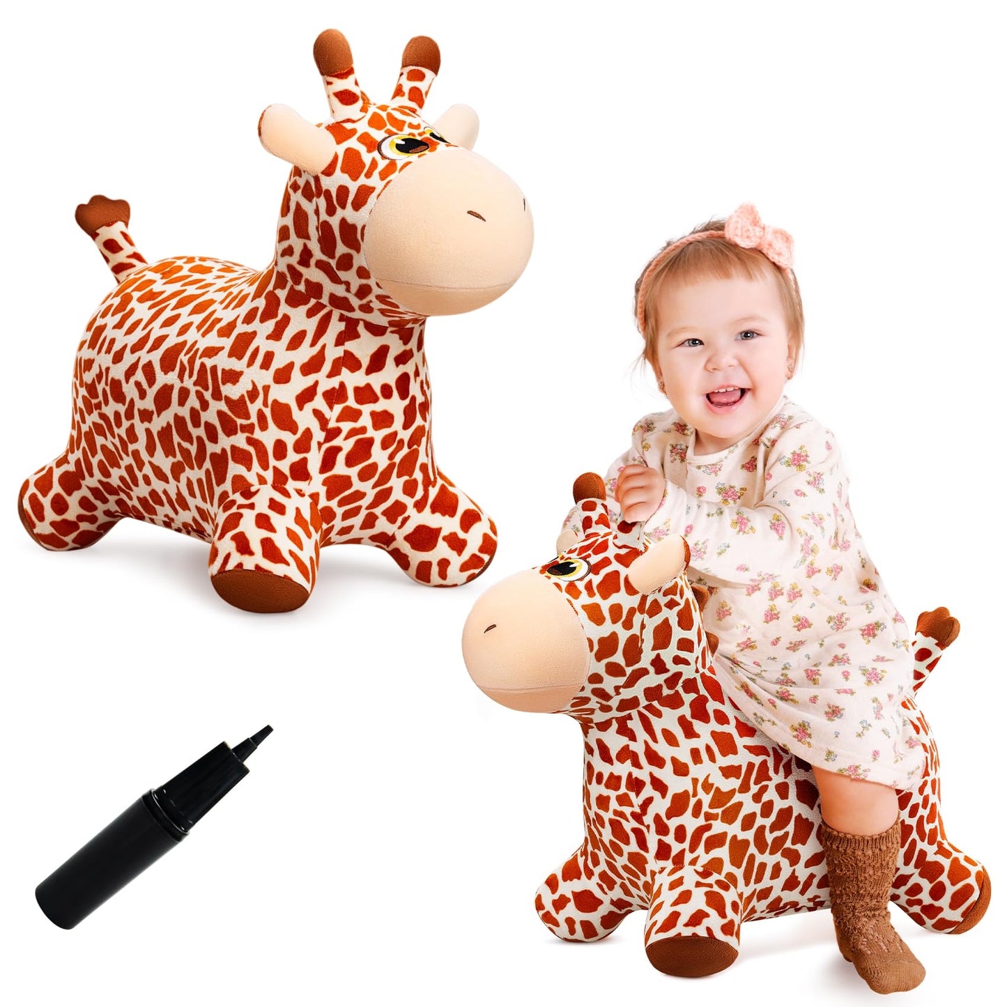 VangeBow Giraffe Bouncy Horse Toys for 1 2 3 year old Kid gifts, Plush Giraffe Ride On Bouncy Animal for toddlers 1-3, Indoor Outdoor Inflatable Hopping Toys for Girl Boy Birthday Gifts(Pump Included)