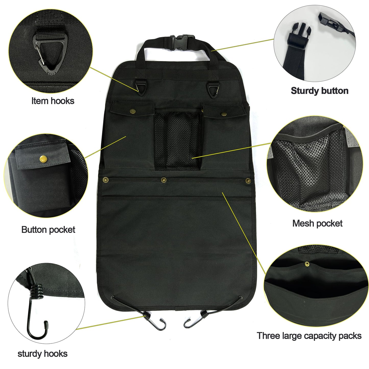 BEATUNEE Black Car Seat Back Organizer with Multiple Pockets and Hooks
