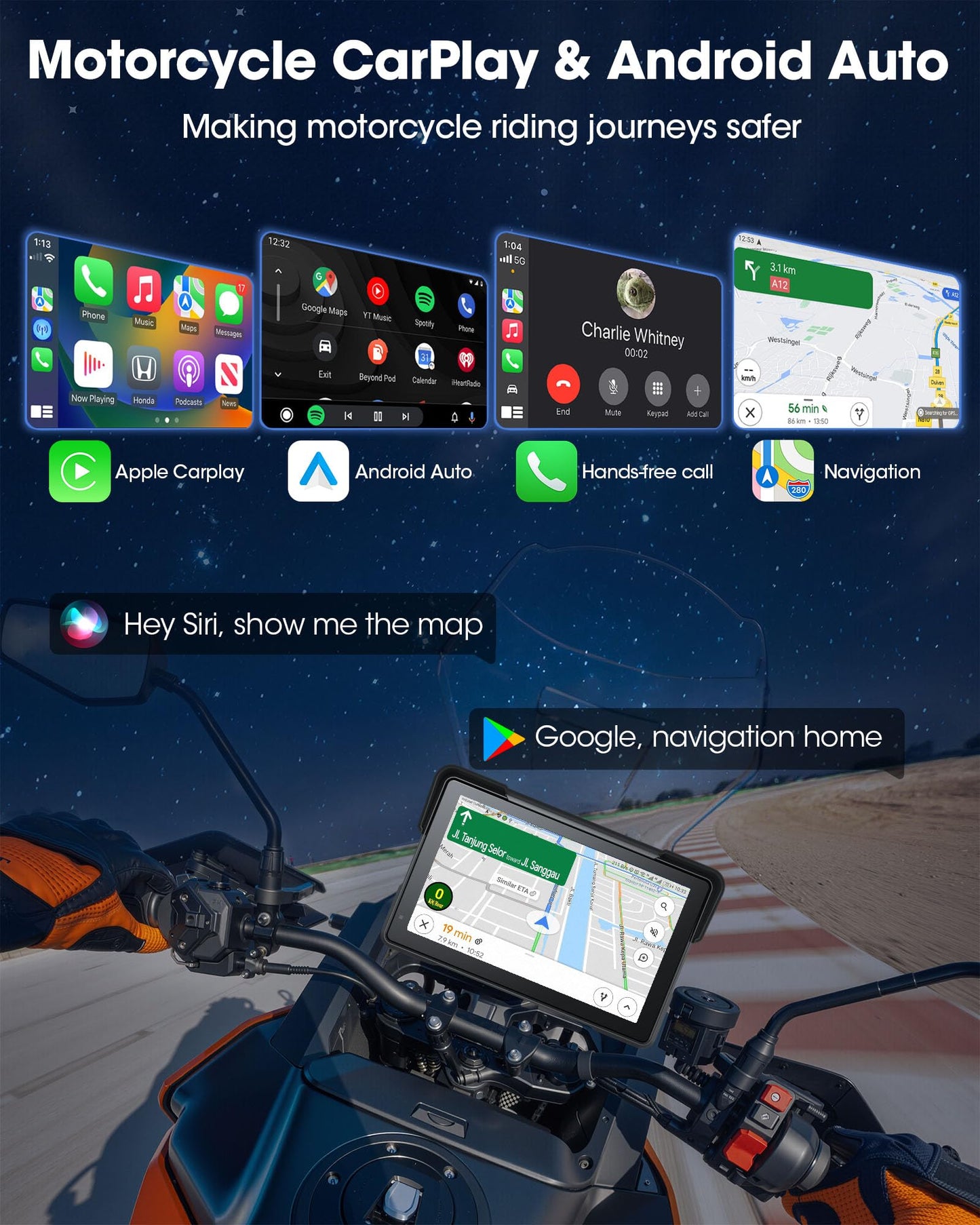 Jelkuz 7 Inch 4K Motorcycle Carplay W 4K Dash Cam Android Auto Screen For Moto Wireless Carplay Dvr With Dual Cameras For Motorb