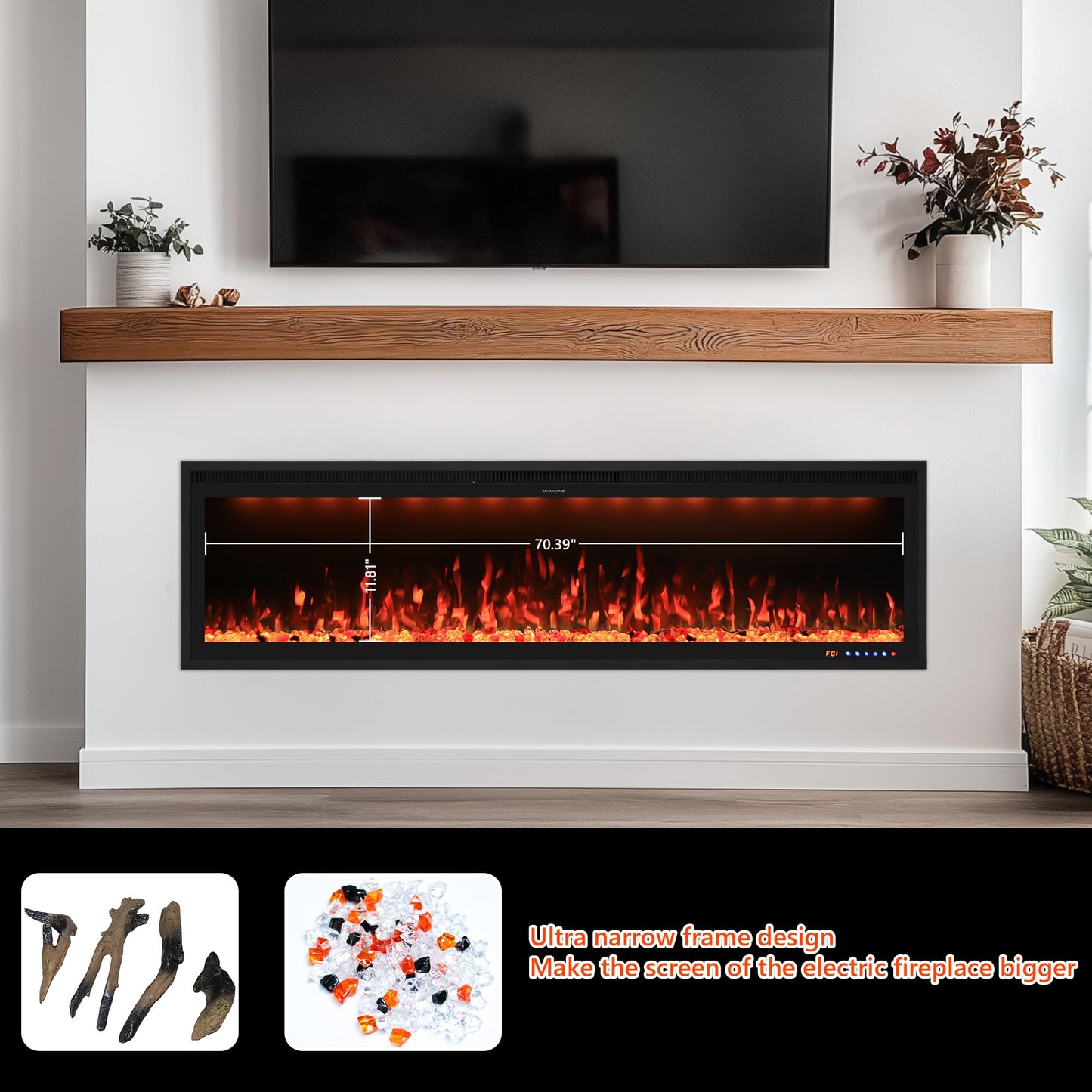 Valuxhome 74” Electric Fireplace Wall Mounted and Recessed, Ultra-Thin Fireplace Insert Indoor, Adjustable Flame and Light, Crysral & Log, 507 Color Combinations, App, Touchscreen and Remote Control