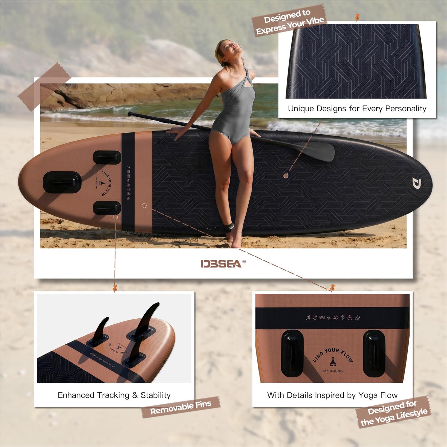 D3SEA 11 ft Inflatable Paddle Board with SUP Accessories, Extra Long Non Slip EVA Deck with Yoga Alignment Lines, Extra Wide Yoga SUP for Adults (Timber Noir, 11' × 35" × 6")