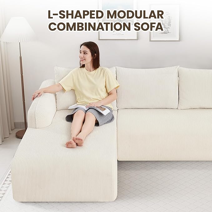 UMBFUN 103" Cloud Sectional Couch for Living Room, Boneless Couch with L-Shape Chaise, Modular Sectional Sofa with Deep Seat, Oversized Modular Sofa for Bedroom, No Assembly Required, Corduroy