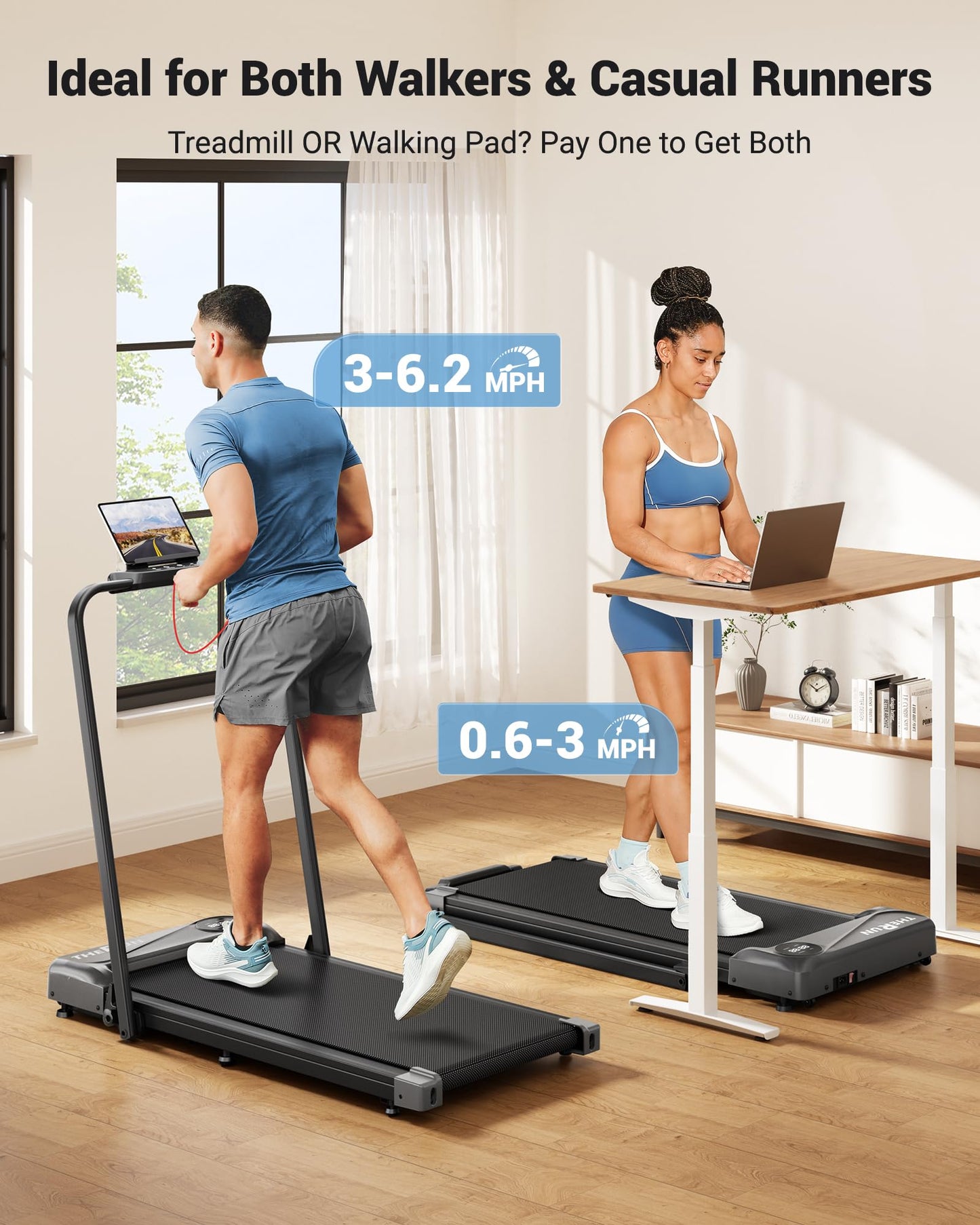 THERUN Walking Pad, 2 in 1 Foldable Treadmills for Home, 2.5HP Under Desk with Handle Bar, 16" Widened Running Belt, with Remote Control