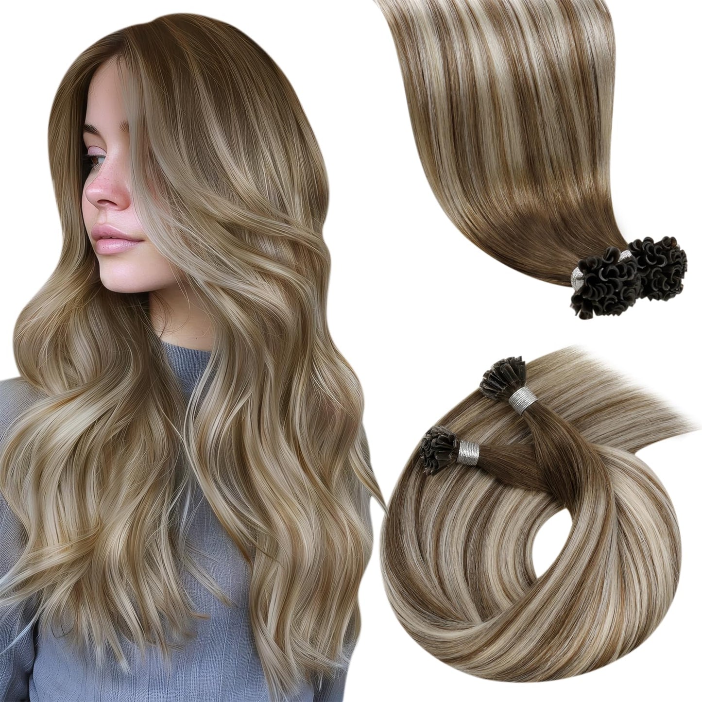 LaaVoo K Tip Hair Extensions Real Human Hair Brown Keratin Human Hair Extensions Balayage Light Brown Mix Blonde U Tip Hair Exte