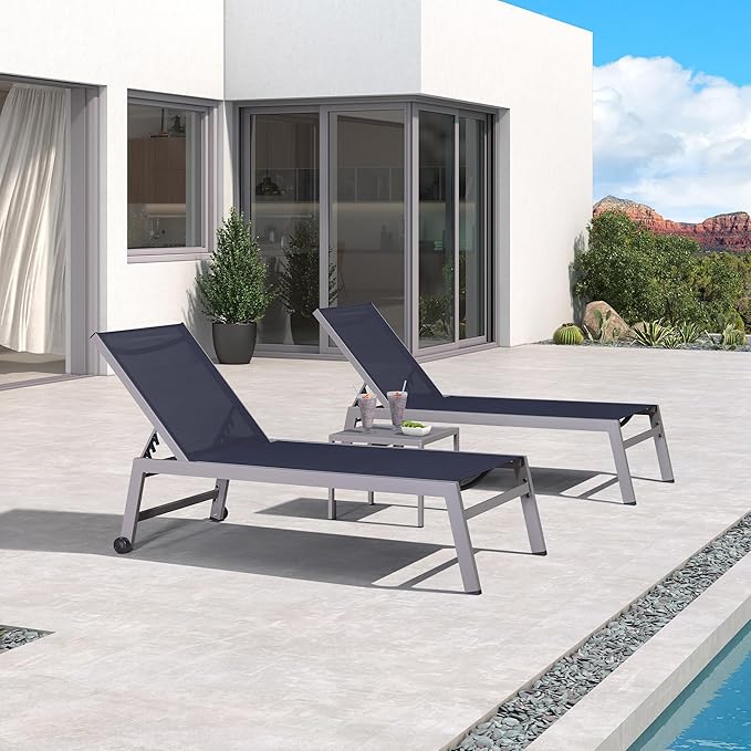 PURPLE LEAF Outdoor Chaise Lounge Set for 2 Oversized Pool Lounge Chairs with Easy-to-Move Wheels and Adjustable Backrest Extra Large Patio Loungers for Poolside Deck Beach Table Included, Navy Blue