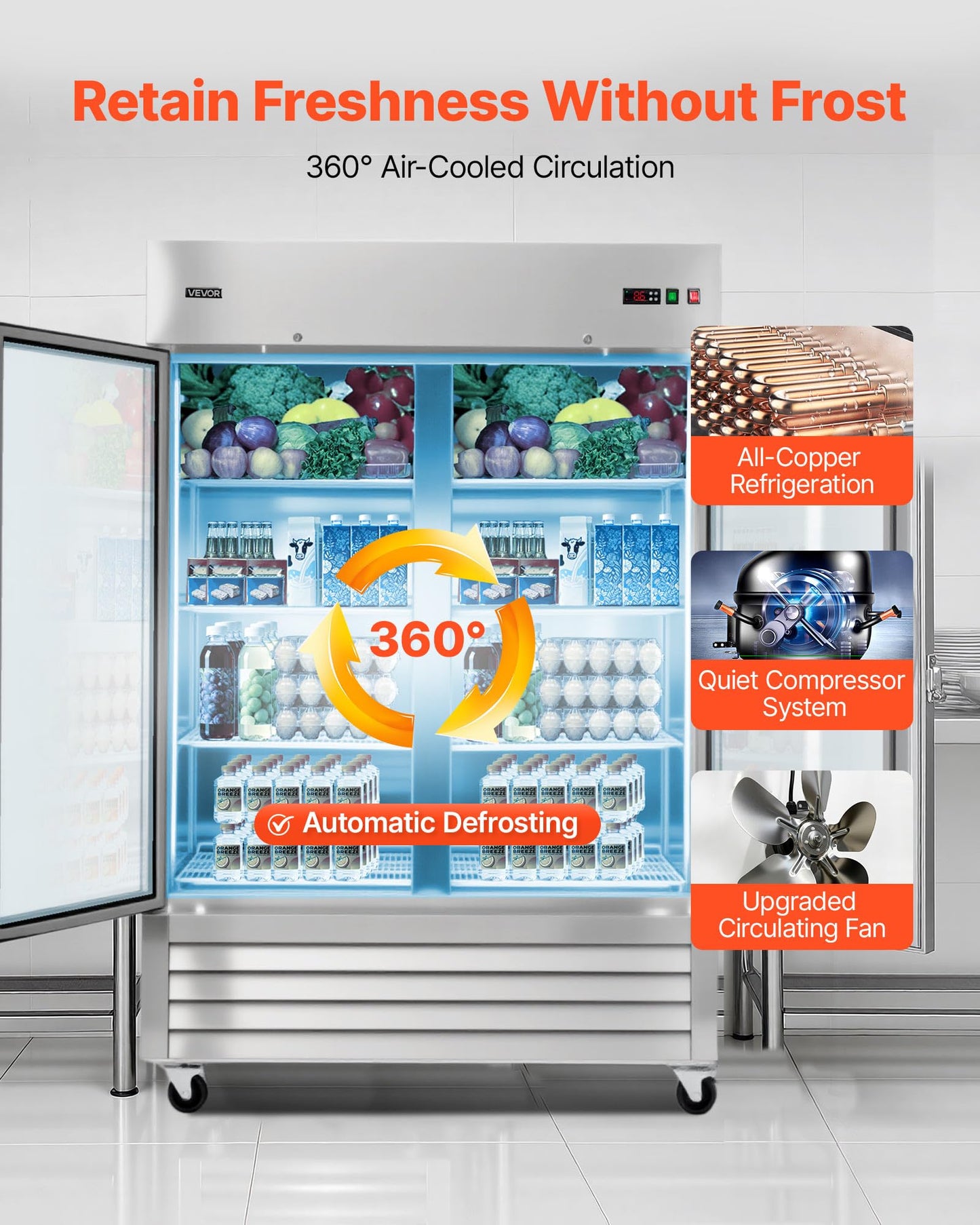 VEVOR Commercial Reach-In Refrigerator 54" W, 44 Cu.Ft Stainless Steel Upright Refrigerator with Double Glass Doors, Auto-Defrost, 8 Adjustable Shelves, 32 to 50℉ Temp Control, ETL Certified