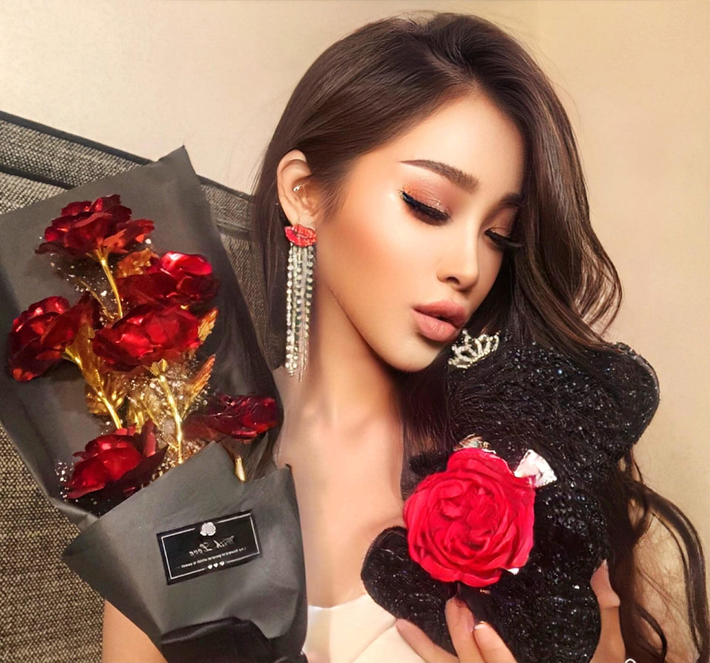 WOORI Gold Rose Bouquet – Elegant Gold-Plated Artificial Roses in Luxury Gift Box for Her, Anniversary, Valentine’s Day, Birthday