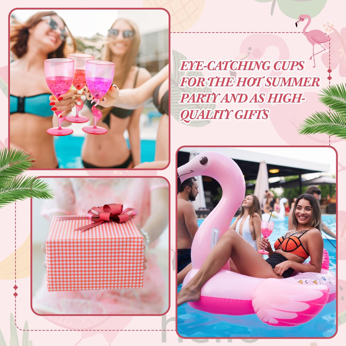 Singhoow 4 Pcs Flamingo Stem Wine Glasses 14oz Plastic Pink Glasses Reusable Funny Drinkware for Wine Beverage Flamingo Fiesta Party Favor Supplies