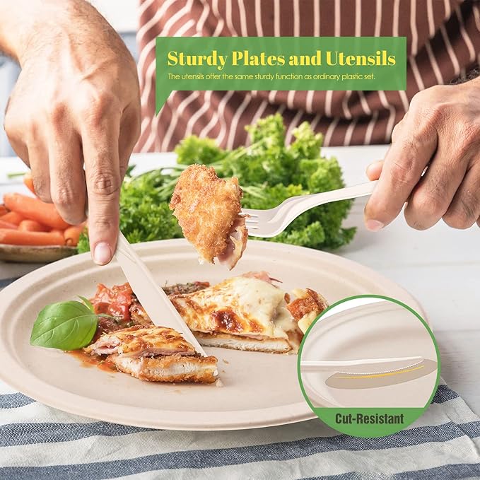 Gezond Compostable Paper Plates Set 250pcs Disposable Sugarcane Plates Utensils Eco-Friendly Plate, Cutlery, Napkins, Straws and Cups for Party 25 People