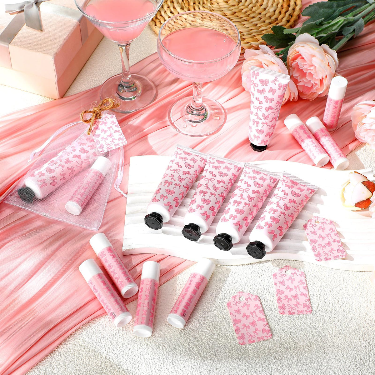 Swiffen 48 Sets Pink Bow Baby Shower Favors Bulk Coquette Baby Shower Gifts for Guests Include 48 Hand Cream and 48 Lip Balm Pin