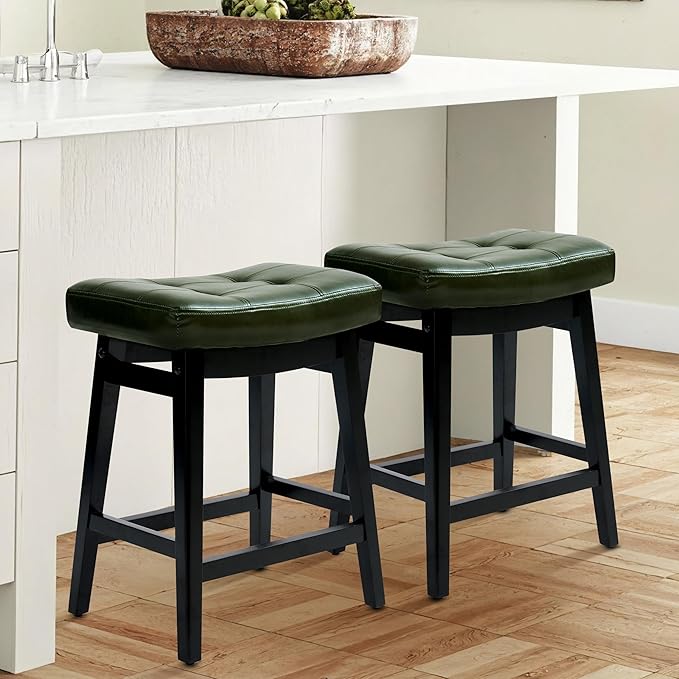 RNKSFX Counter Height Bar Stools Set of 2 for Kitchen Counter Farmhouse Modern Barstools with Faux Leather Upholstered Backless Seat and Solid Wood Legs 24 inch Bar Chairs, Green + Black