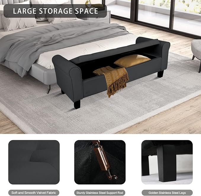 Babion Storage Bench for Bedroom End of Bed, Button Tufted Storage Ottoman Bench 51 Inch, End of Bed Storage Bench with Upholstered, Rolled Arm Window Bench Seat with Solid Wood Legs, Black