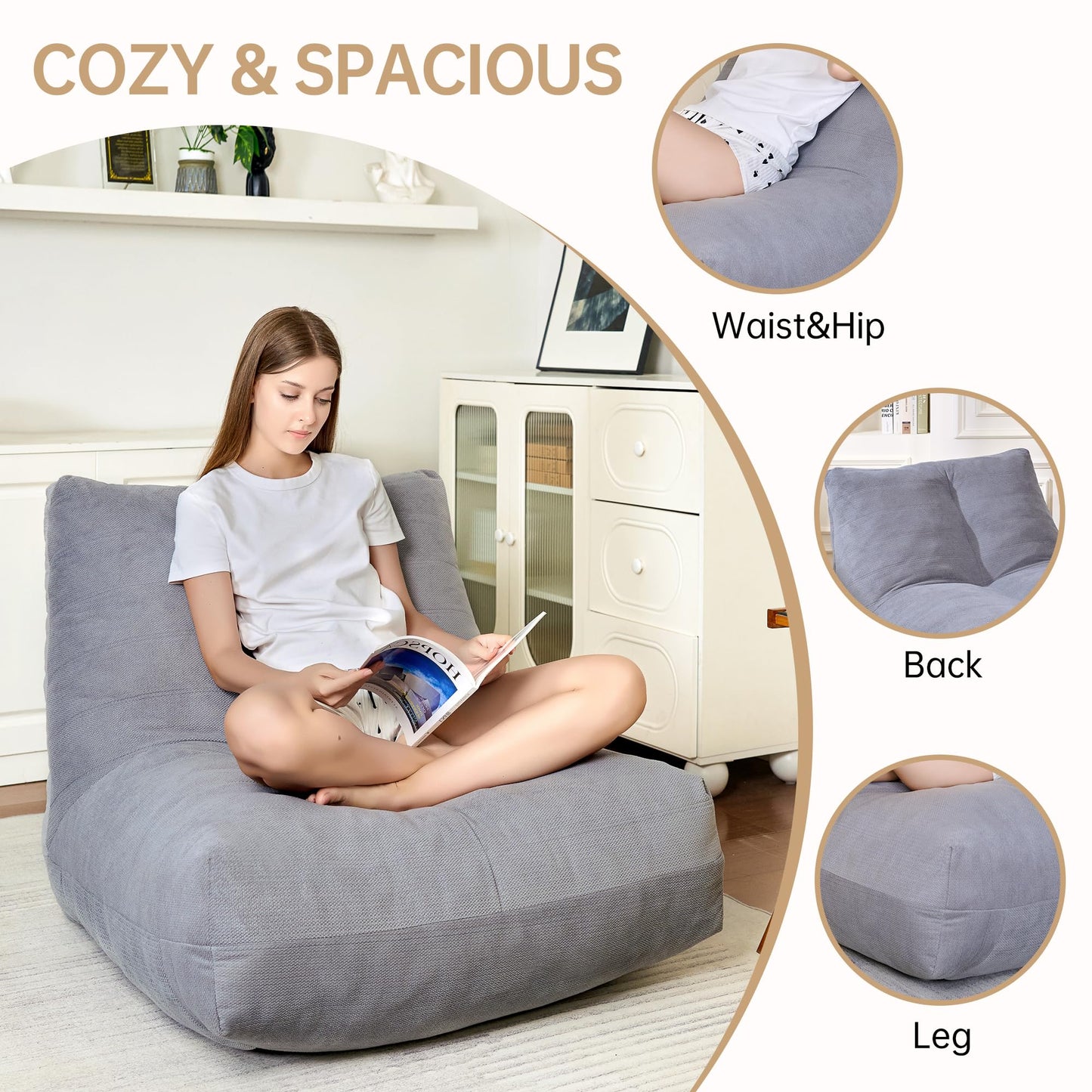 Stmoze Bean Bag Chairs for Adults, Memory Foam Bean Bag Chair, Spacious Single Sofa, Ergonomic Support Reading Floor Sofa Chair with Filler, Comfy Cozy Beanbag Couch for Bedroom Living Room (Grey)