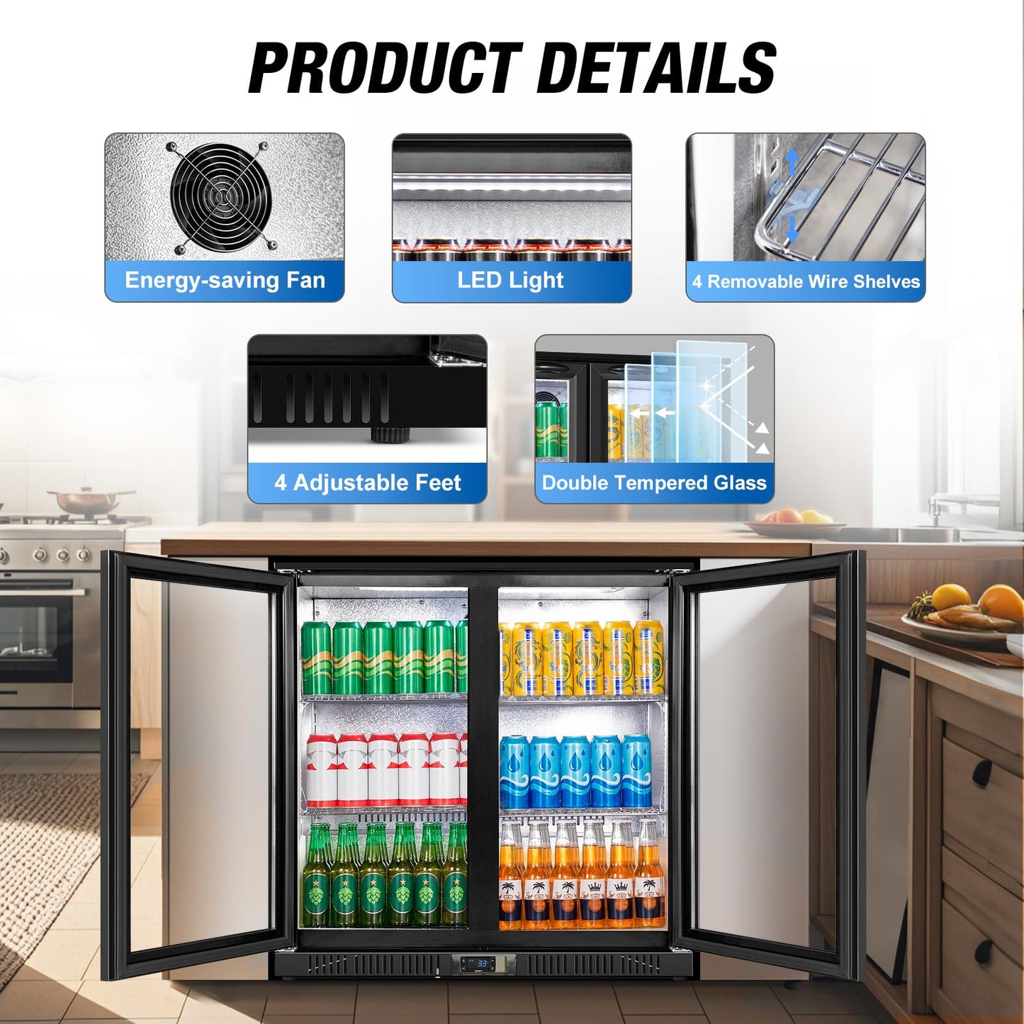Beverage Refrigerator Under Counter, Back Bar Cooler with 2 Glass Door, Commercial Display Fridge 35.42 Inch Wide 7.4 Cu.Ft, Drink Fridge for Beer Soda Wine, Beverage Cooler for Kitchen Shop Bar