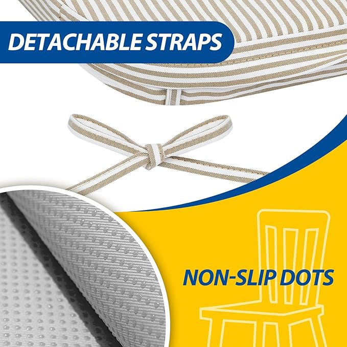 AAAAAcessories D-Shaped Chair Cushions, 2" Thick Dining Chair Pads with Ties and Removable, Machine-Washable Cover, 17" x 16", Set of 4, Natural Sand Pinstripe