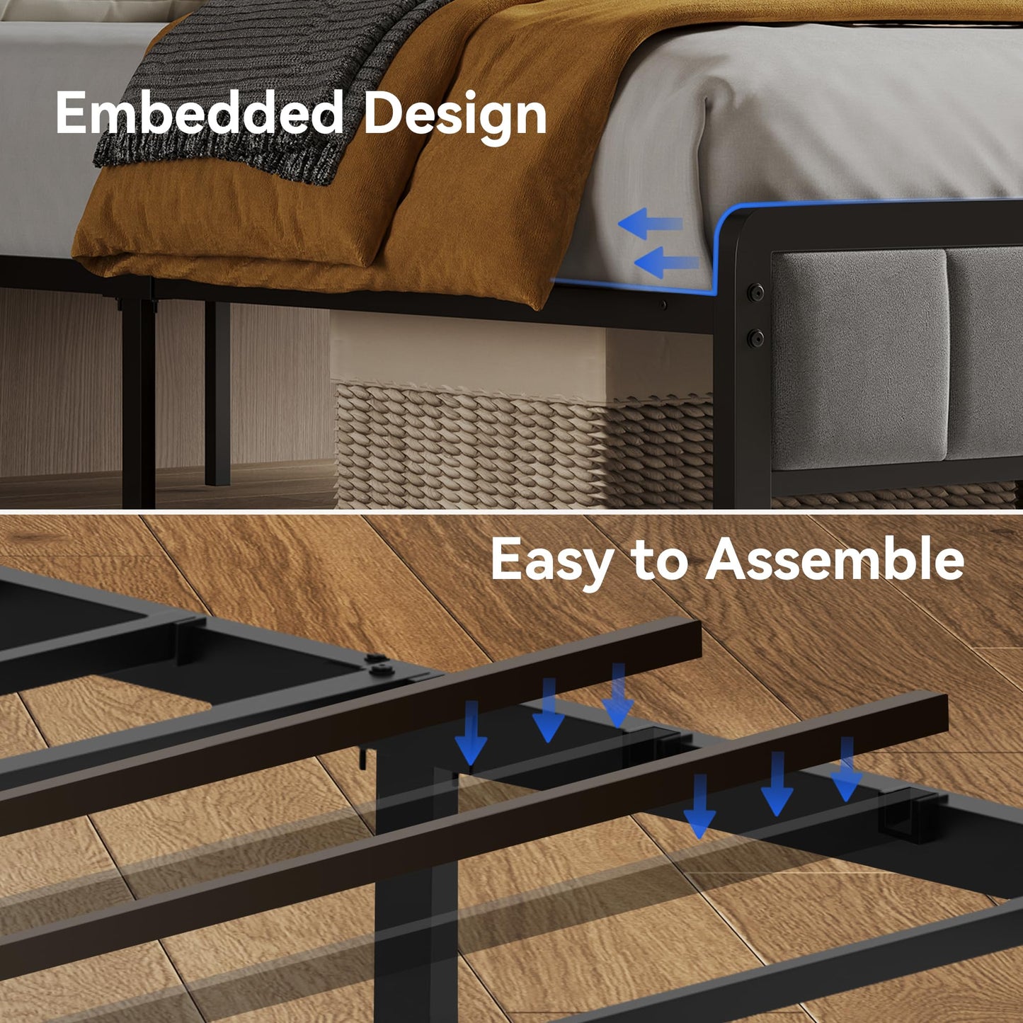 BedsPick Queen Bed Frame with Ergonomic Headboard, Upholstered Metal Platform Bed Queen Size with 2-Tier Storage, Charging Station, Smart LED Lights, Easy Assembly, No Box Spring Needed, Grey