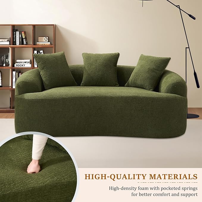 65'' Modern Curved Cloud Loveseat Sectional Sofa for Small Spaces, Luxury Plush Chenille Deep Seat Couch with 3 Pillows, No Assembly Needed Apartment Living Room Furniture, Green