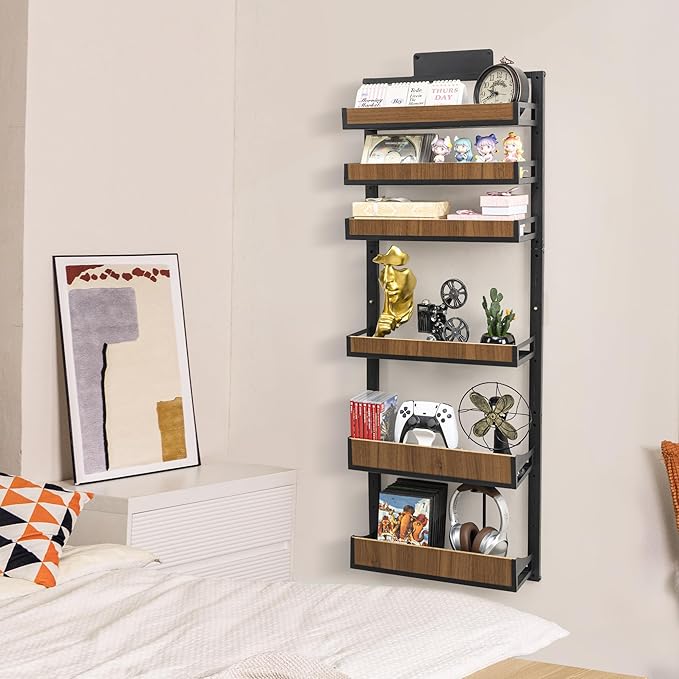 Aquzee Over the Door Pantry Organizer, 6-Tier Spice Rack Wall Mount, with Adjustable Wood Baskets, Metal Mounting/Hanging Behind the Door Organizer Storage for Kitchen, Cabinet and Closet