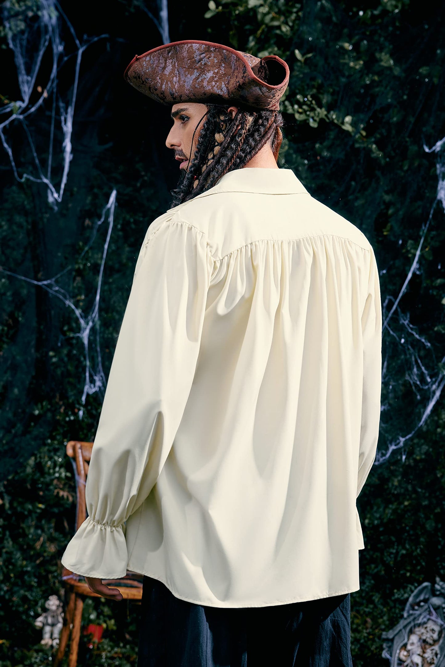 Mens Pirate Medieval Shirt Renaissance Costume Cosplay Victorian Gothic Tee Viking Vampire Tops Beige