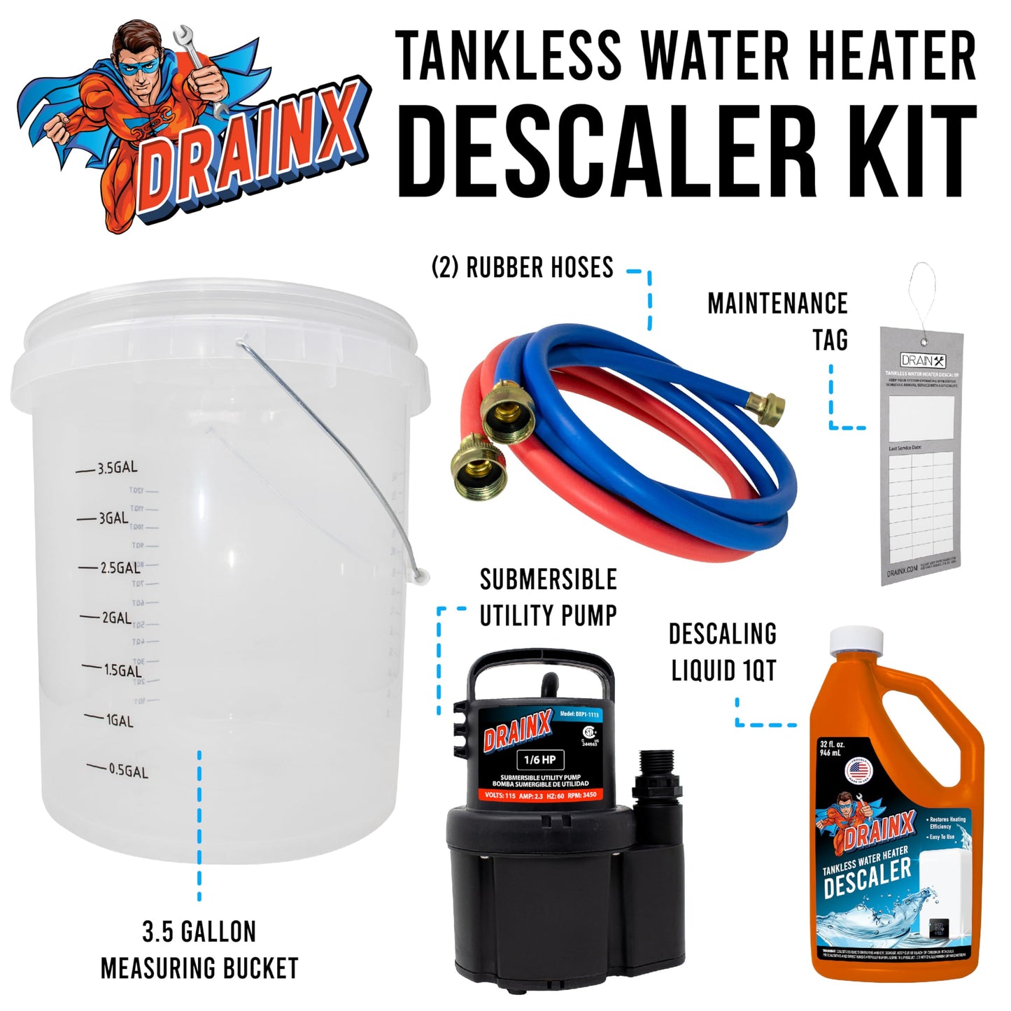 DrainX Tankless Water Heater Flushing Kit Includes Submersible Pump, Hoses, Liquid Descaler Solution, and Measuring Bucket