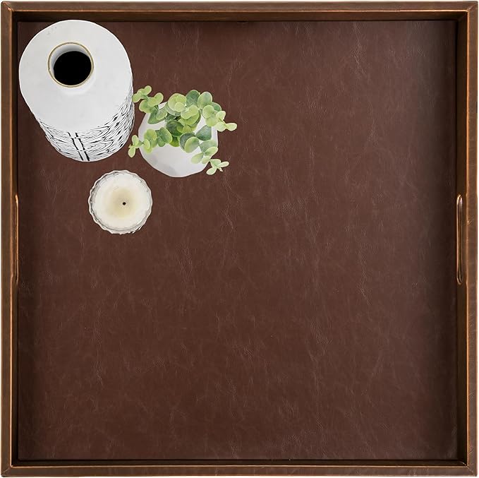 Hanobe Ottoman Serving Tray Large: 20'' Decorative Trays with Handles - Leather Coffee Table Decor for Extra Big Counter Home Living Room - Oversized