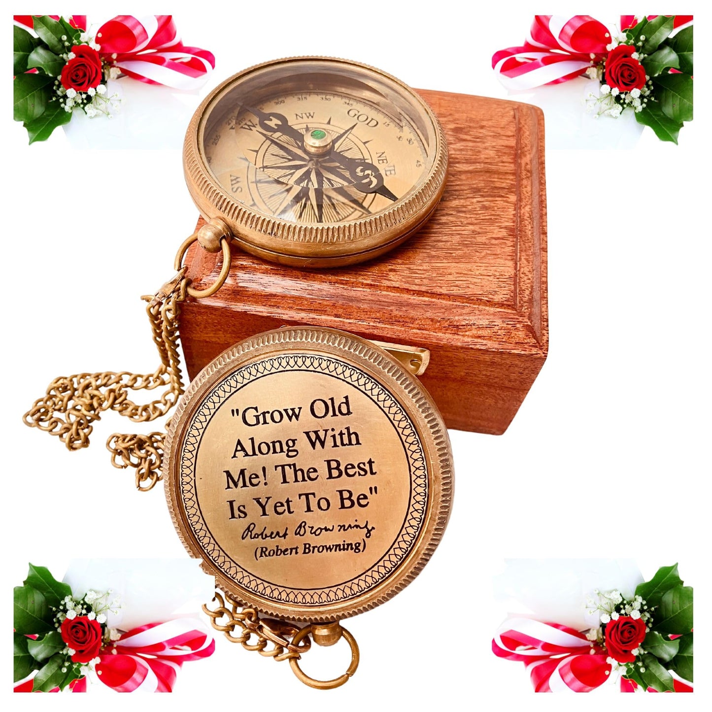 Romantic Gifts for Husband Wife - Brass Compass 2" | Engraved Quote Birthday Wedding Anniversary Christmas Lovers Gifts idea for Boyfriend Girlfriend Men Women Him Her (Grow Old Along with Me)