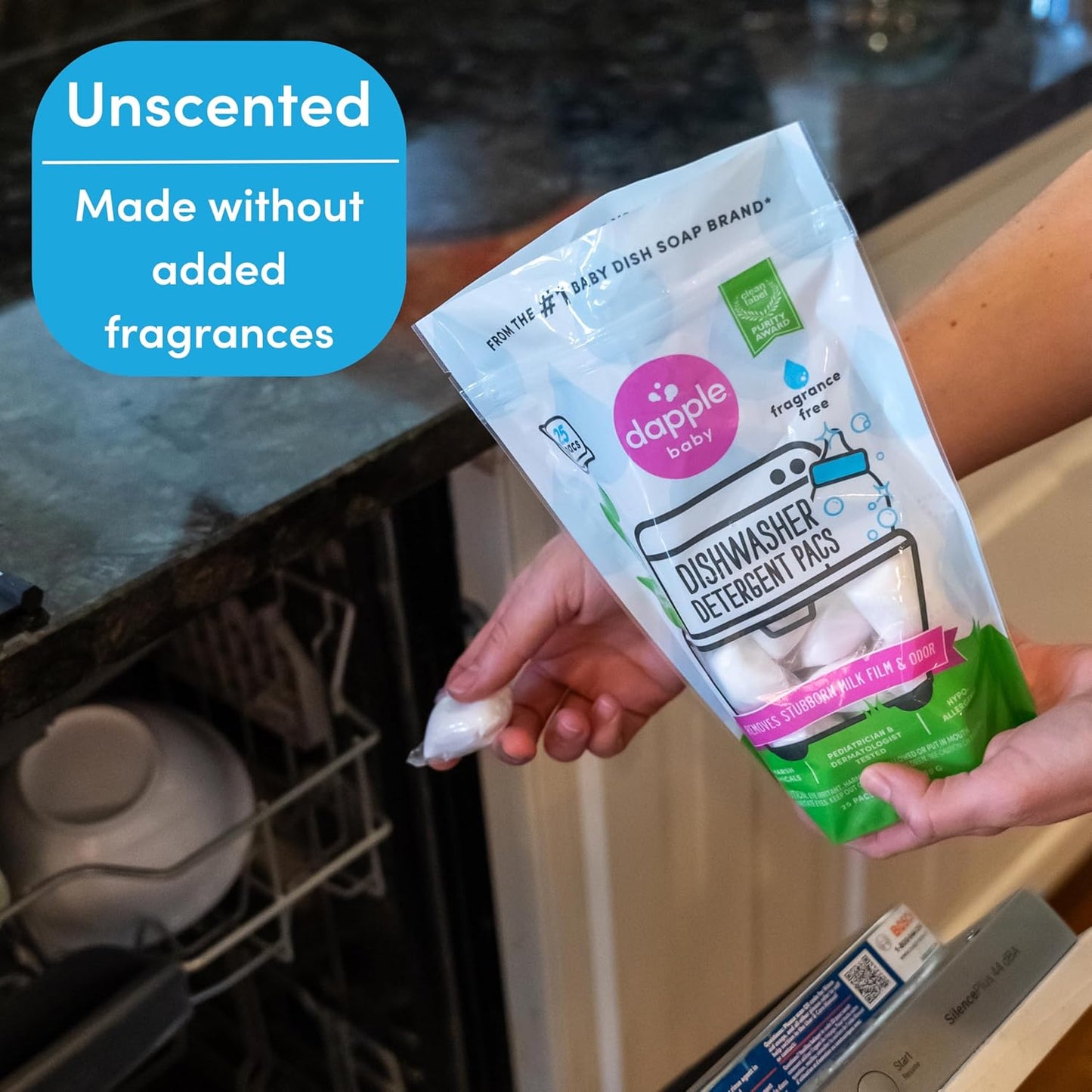 Dapple Baby Dishwasher Pacs, Hypoallergenic Dishwasher Pods Powered by Plants, Removes Milk Residue & Odor on Dishes, Baby Bottles & Kitchenware, Fragrance Free, 50 count