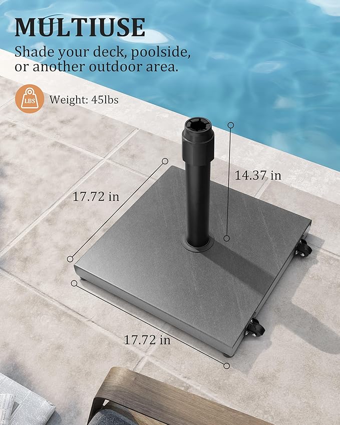 JOINHOM 42lbs Patio Umbrella Base with Wheels - Heavy Duty Outdoor Patio Market Umbrella Stand for Deck with Rollers, Poolside, Balcony, Wind-Resistant Design, Grey