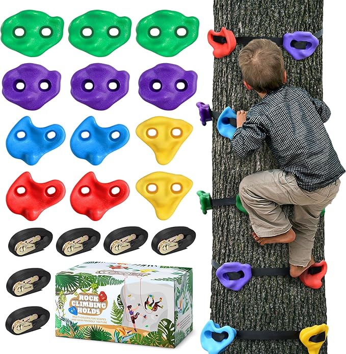 TOPNEW 12 Ninja Tree Climbing Holds for Kids Climber, Adult Climbing Rocks with 6 Ratchet Straps for Outdoor Ninja Warrior...