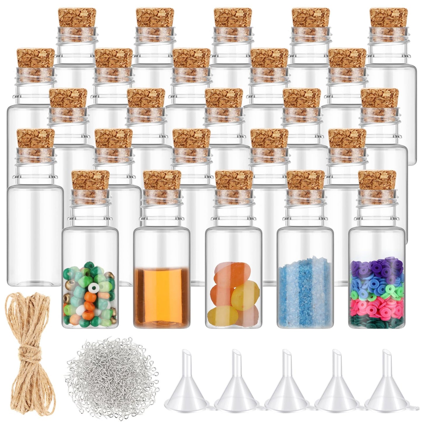 Bokon 25 Packs Mini Plastic Bottles with Corks Stoppers Eye Screws Funnels Small Potion Bottles Tiny Clear Sand Art Jar Wishing Vial for Birthday Party DIY Crafts Gift (1 x 2.28 Inch)