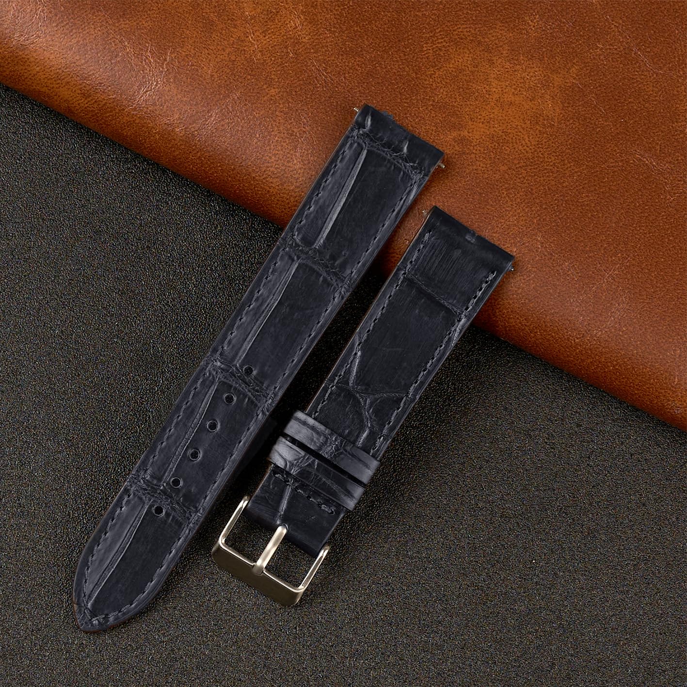 21mm Flat Blue Navy Leather Watch Band Quick Release Handmade Leather Strap Slim Croc Replacement Wristband Men Stainless Steel Buckle Christmas Father's Day Gift for Dad Son Husband DH-NO-04-21MM