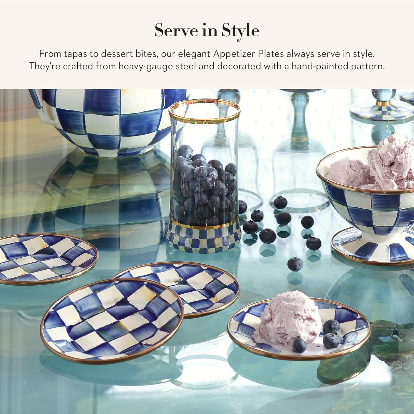 MACKENZIE-CHILDS Set of 4 Enamel Appetizer Plates, Mini Dessert Plates, 5 Inches, Blue-and-White Royal Check