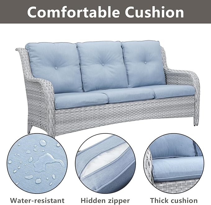 Rilyson Patio Furniture Swivel Chairs Set - 6 PC Wicker Rattan Outdoor Sectional Conversation Sets with 2 Rocking Chair,2 Ottoman and 2 Sofa for Porch Deck Garden(Light Grey/Sky Blue)