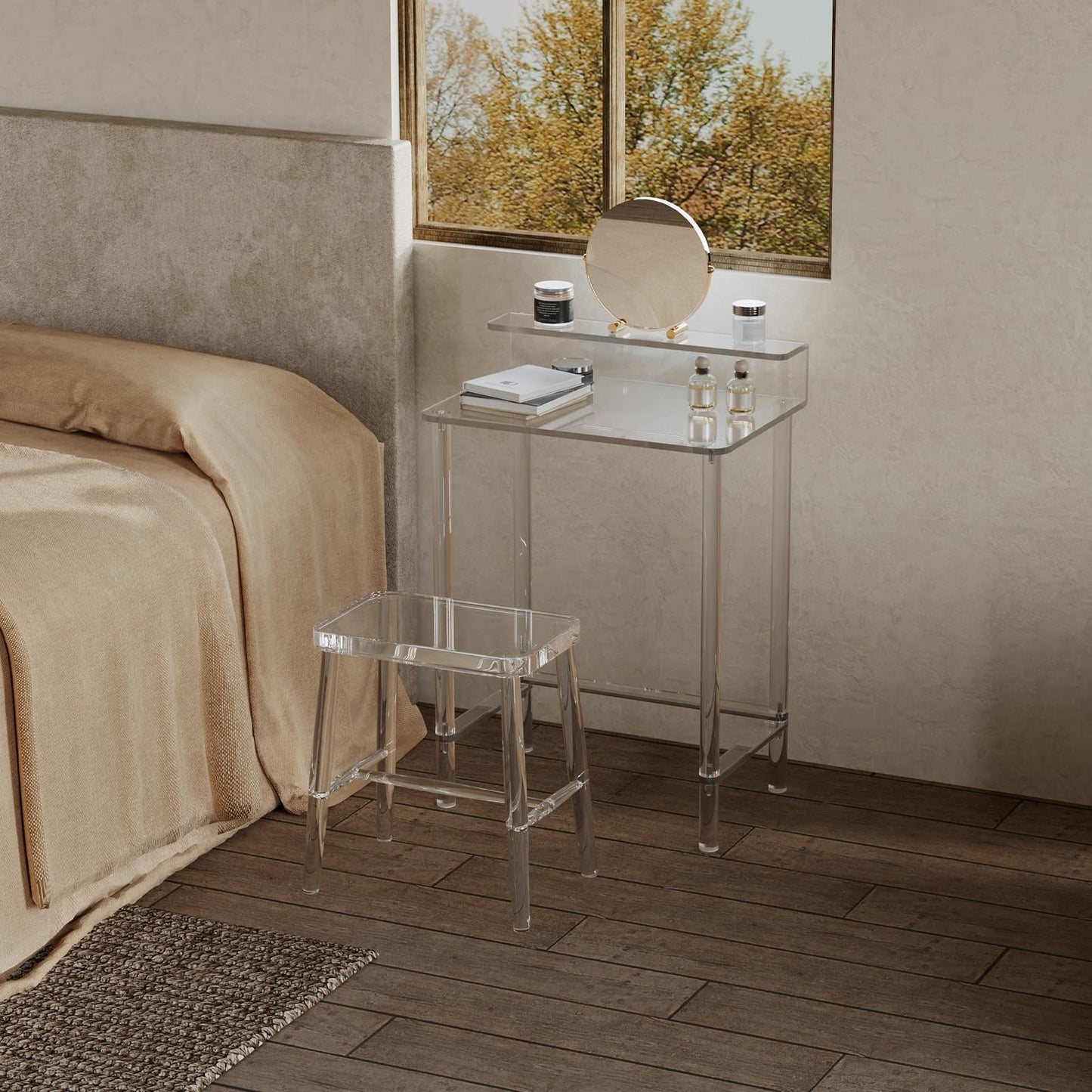 Eglaf Acrylic Small Vanity Desk - 23.6'' L x 15.8'' W x 33.9'' H - Modern Makeup Vanity Table with Desktop Stand - Acrylic Makeup Table Dressing Table for Small Spaces, Bedroom, Cloakroom (Clear)
